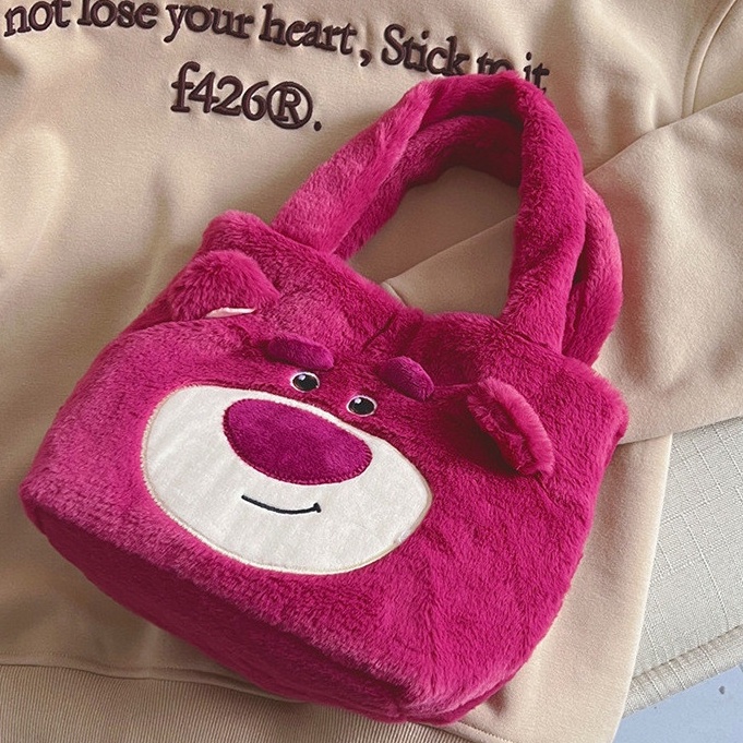 Túi xách gấu dâu đáng yêu cho nữ, Túi lông gấu Lotso hồng mặt ngầu kích thước lớn _ TingTing