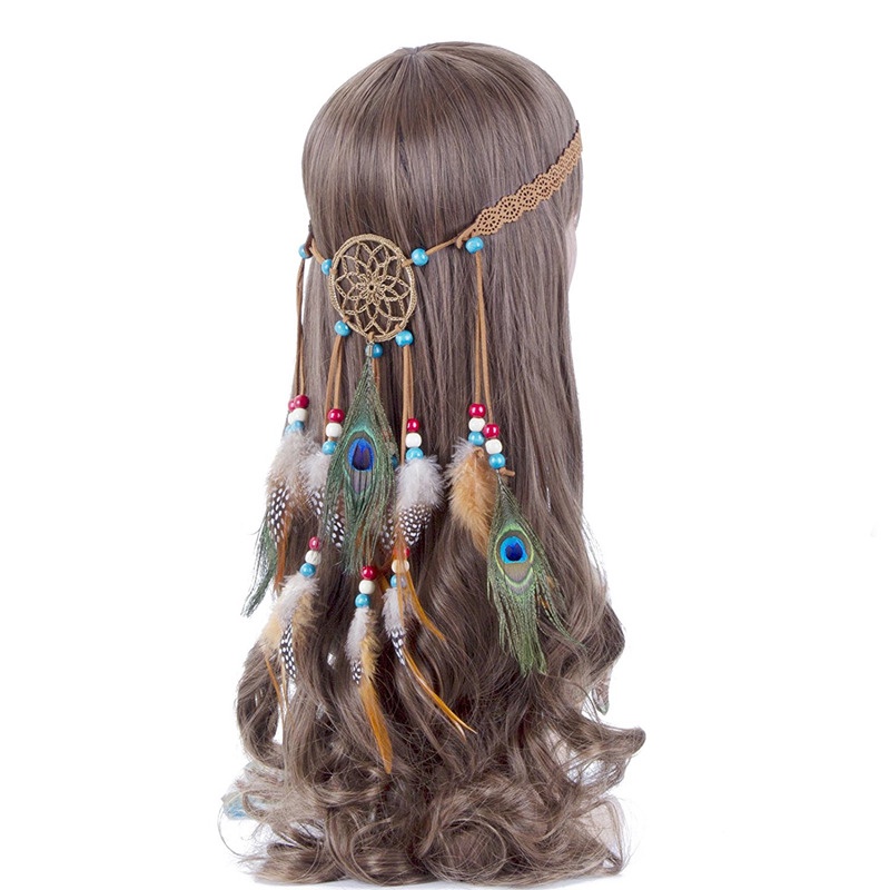 Băng Đô Cài Tóc Đính Lông Công Phong Cách Boho Thời Trang Mới (Màu Khaki)