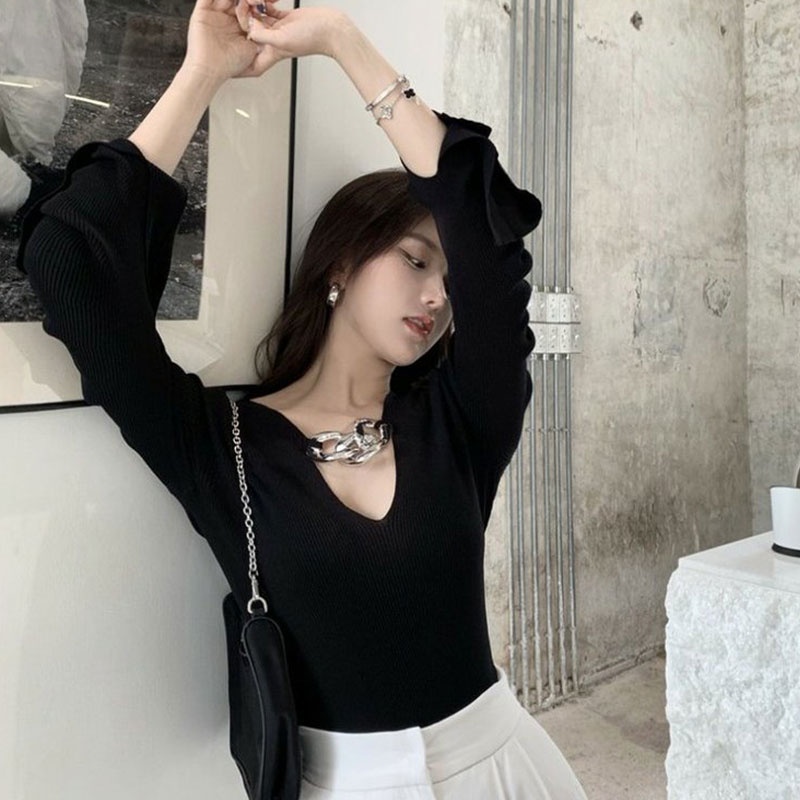 Áo Dệt Kim Tay Dài Khoét Lỗ Phối Dây Xích Phong Cách Hàn Quốc Thời Trang Quyến Rũ Cho Nữ