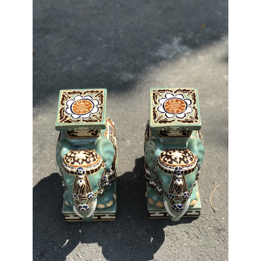 ĐÔN VOI GỐM SỨ TRANG TRÍ DECOR 30CM MEN XANH ĐỒNG TRỔ