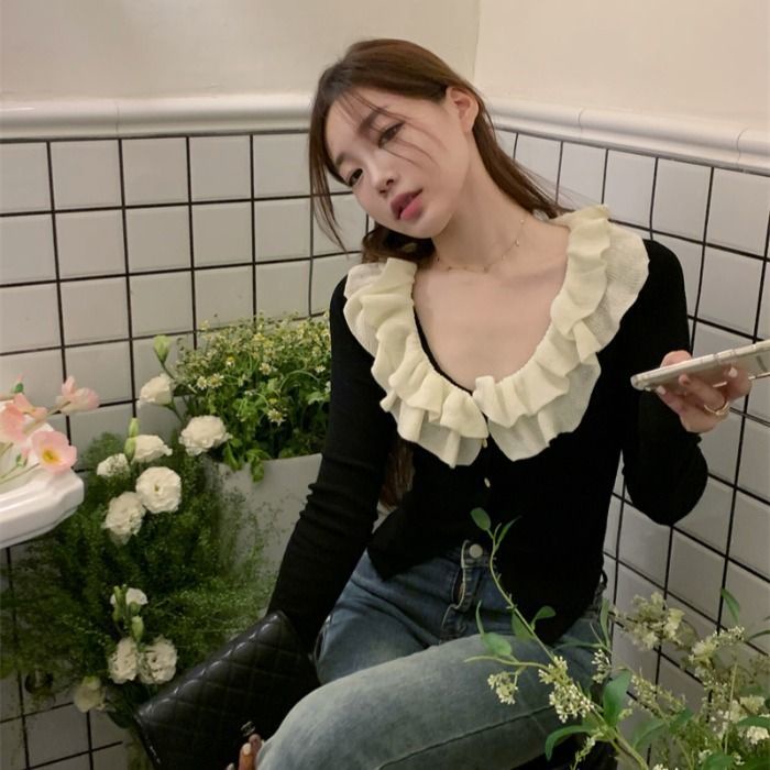 Áo Cardigan Dệt Kim Tay Dài Cổ Chữ v Màu Đen Thời Trang Mùa Thu Cho Nữ