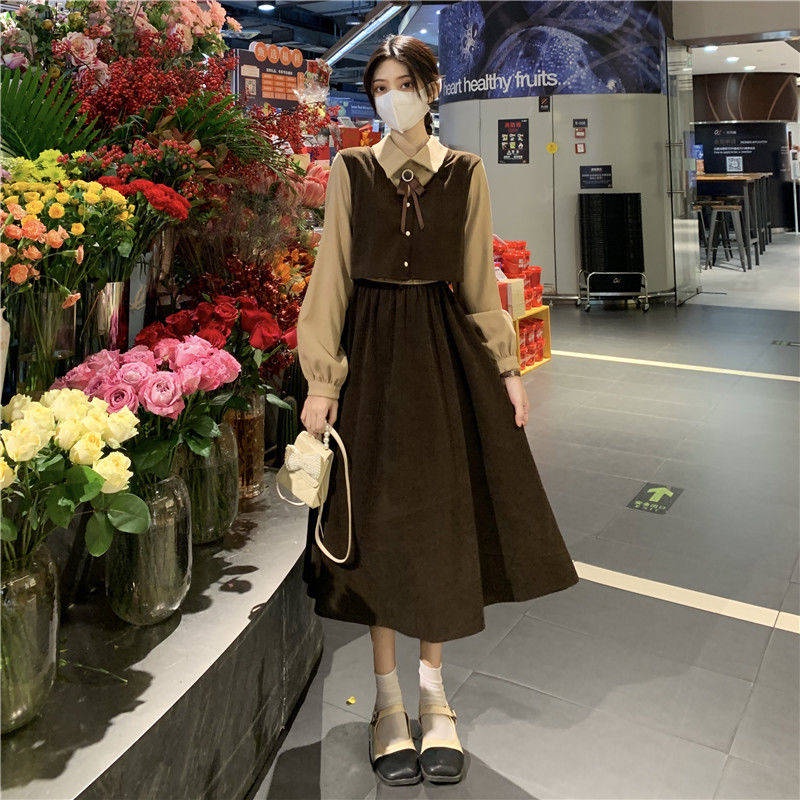 🎀váy babydoll dáng dài váy mùa đông cho nữ váy dài Đầm Giả Hai Mảnh Dáng Dài Phối Nơ Phong Cách Pháp Cổ Điển Mẫu Mới 2022