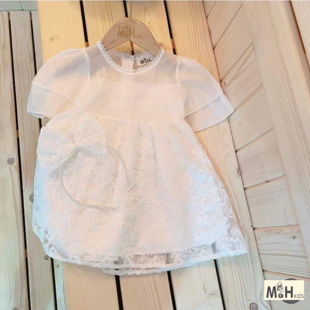 Váy Công Chúa Trắng Kèm Bờm Ngọc Cho Bé Gái WOWKIDS Chất Ren Cao Cấp Phối Von Tơ Từ 9 - 30kg