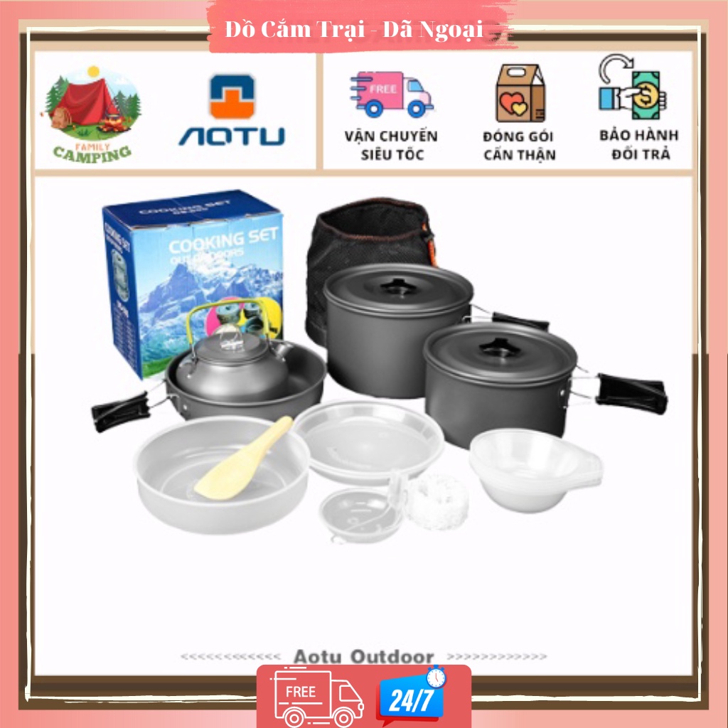 Bộ nồi ấm chảo song nấu ăn 13 món cắm trại ngoài trời 4-5 người chính hãng