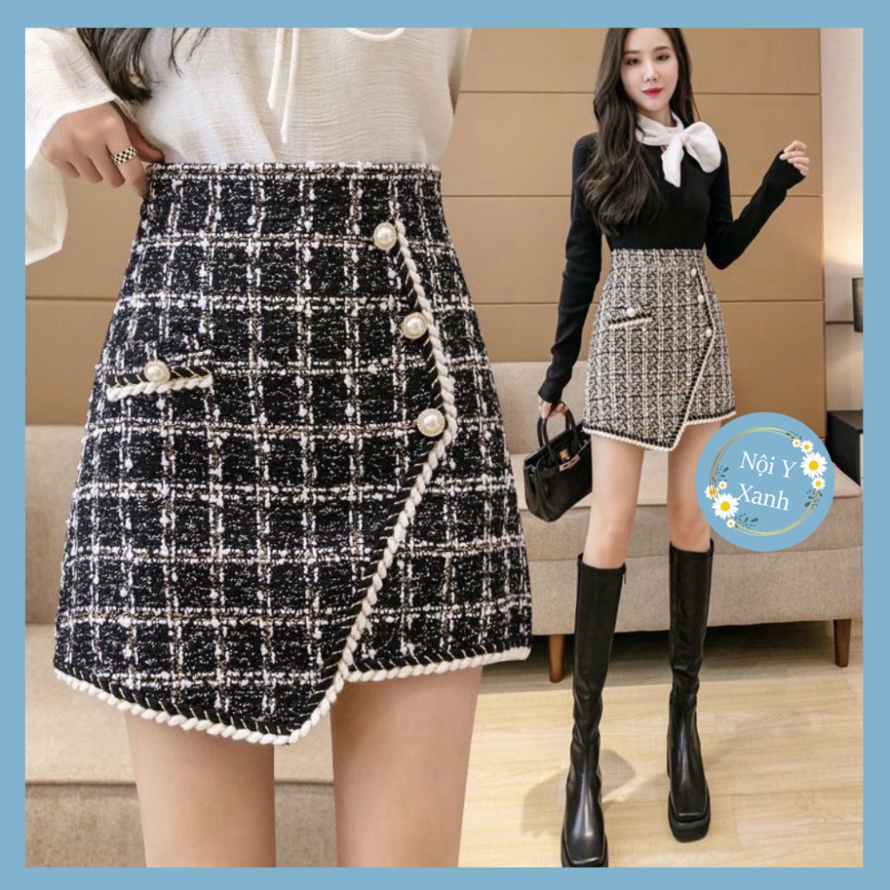 chân váy dạ nhung kim tuyến nữ-chân váy chữ A thiết kế phối cúc lệch uy quyền rét mướt CV66 Nội Y Xanh hot trend thu đôn