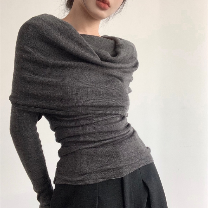 COZOK Áo kiểu COZOK dệt kim tay dài thiết kế trễ vai ôm dáng vừa vặn thời trang dành cho nữ