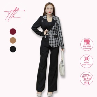 Set vest công sở phối caro kèm quần ống loe thanh lịch t461 thanh tự house