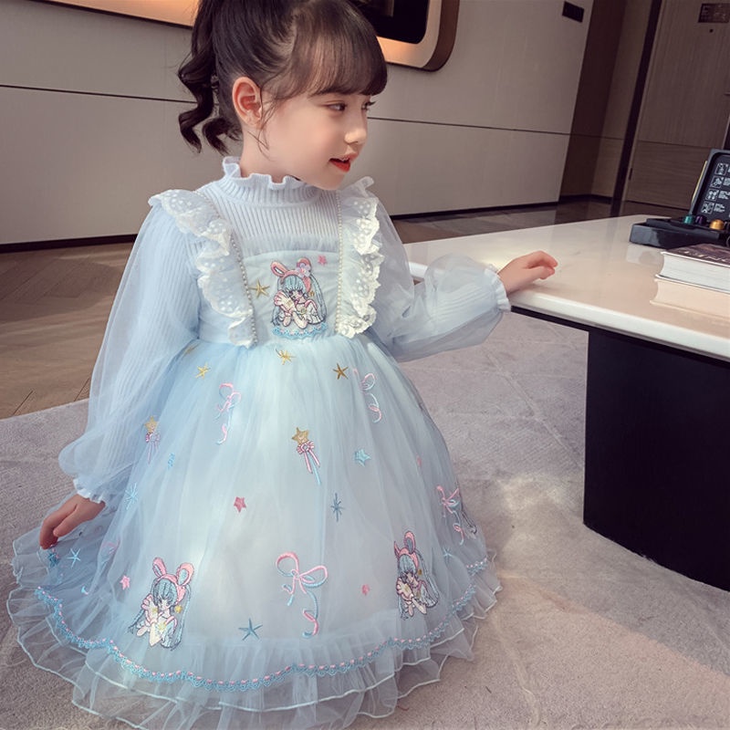 Đầm Công Chúa Tay Phồng Phối Lưới Thêu Họa Tiết Thời Trang Mùa Thu Hàn Quốc Mới Cho Bé Gái