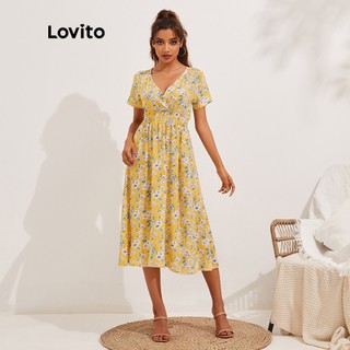 110QL Đầm Lovito cổ chữ V họa tiết hoa nhỏ viền thun phong cách boho L13X019 (màu vàng)