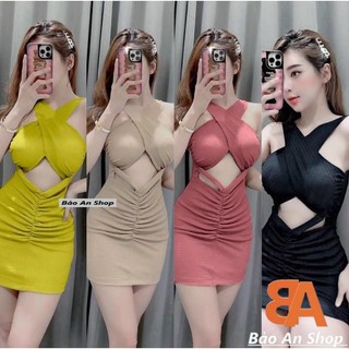 Đầm body xoắn ngực chất xốp mịn có mút ngực
