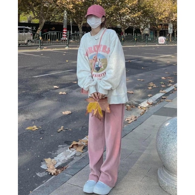 Set Bộ Nỉ Thu Đông Foruyes, áo nỉ Sweater tay bồng kèm quần suông nhung tăm hồng