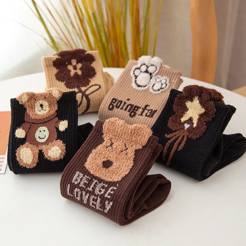 1 Đôi Tất Cotton Mềm Mại Thoáng Khí In Họa Tiết Gấu Hoạt Hình Dễ Thương Giữ Ấm Mùa Đông Cho Nữ