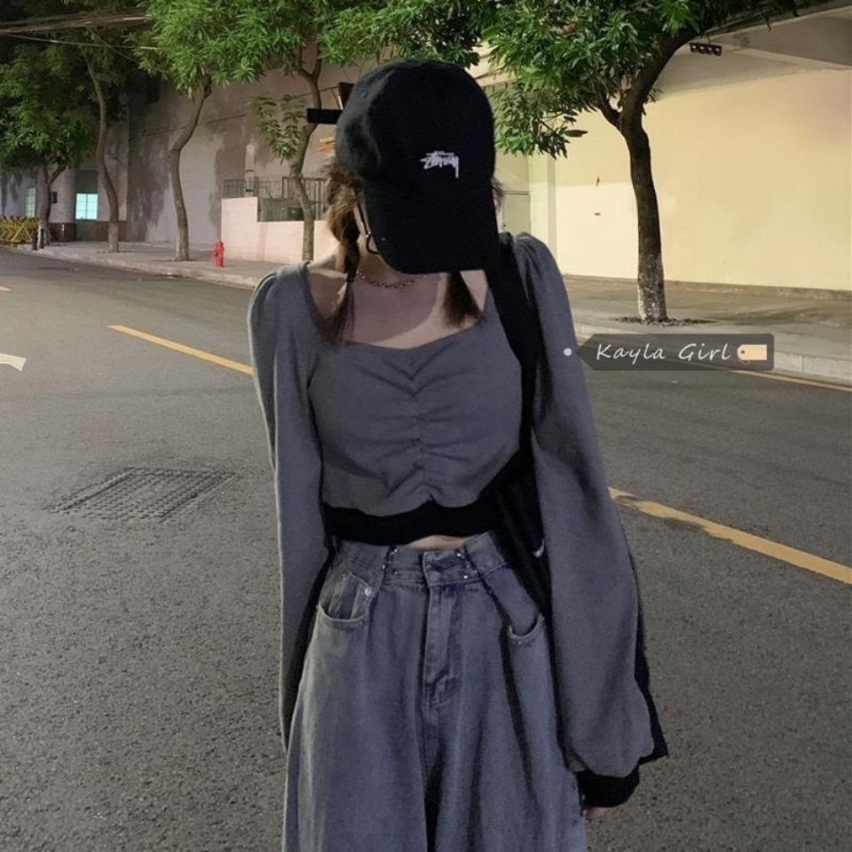 Áo Thun Ngắn Cổ Vuông Tay Dài Phong Cách Hàn Quốc Thời Trang Mùa Thu Mới 2022 Dành Cho Bạn Nữ