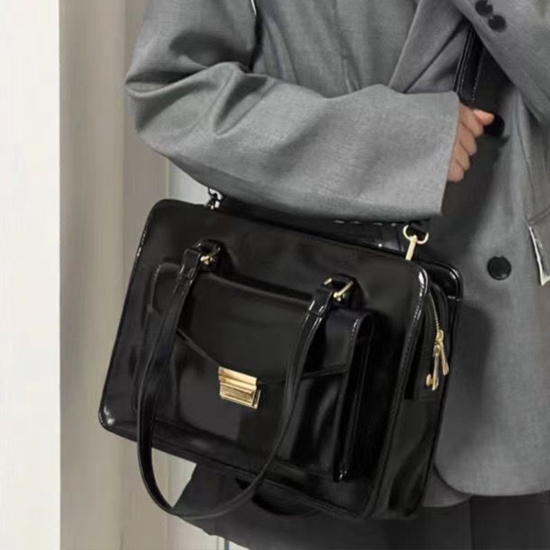 SHI CHEN Túi Xách Da pu Bóng Màu Đen Bóng Thời Trang vintage Nhật Bản Giản Dị Đa Ứng Dụng