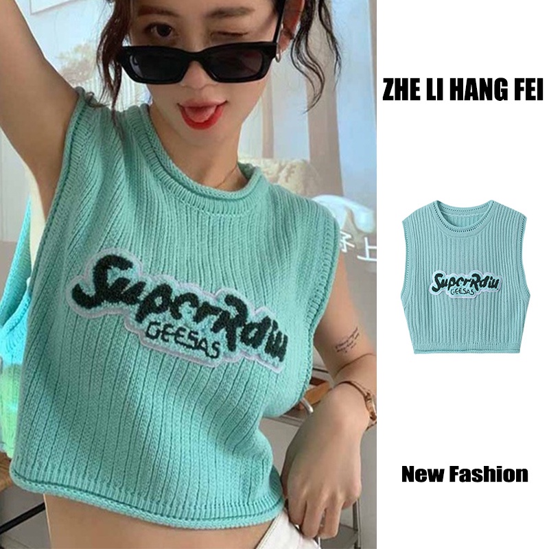 【ZHELIHANGFEI】 Áo Dệt Kim Không Tay Dáng Rộng Hở Rốn