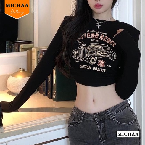 Áo Croptop Ôm Body Nữ HOTROD REBEL Tay Dài Cổ Tròn, Áo Thun Croptop Kiểu In Họa Tiết - MICHAA CR96