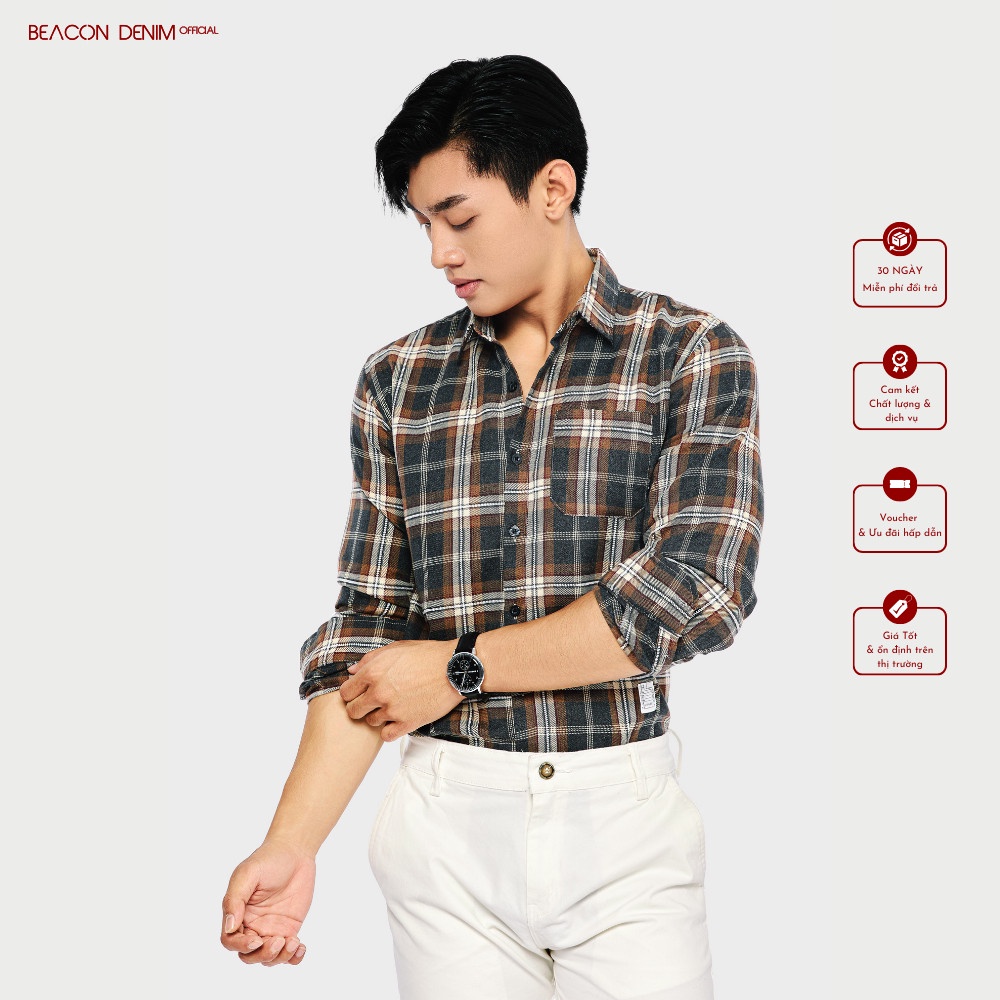 Áo Sơ Mi Nam Mẫu Caro Cotton Nỉ Xám Nâu Phối BEACON DENIM Mã SMCRR431