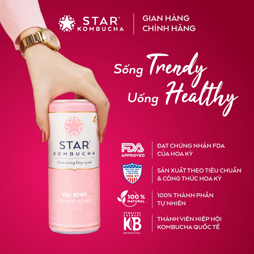 Thùng 12 lon trà lên men STAR KOMBUCHA Vải Kiwi / Lovely Lychee (250ml/lon) - Trà kombucha giảm cân chứa probiotics