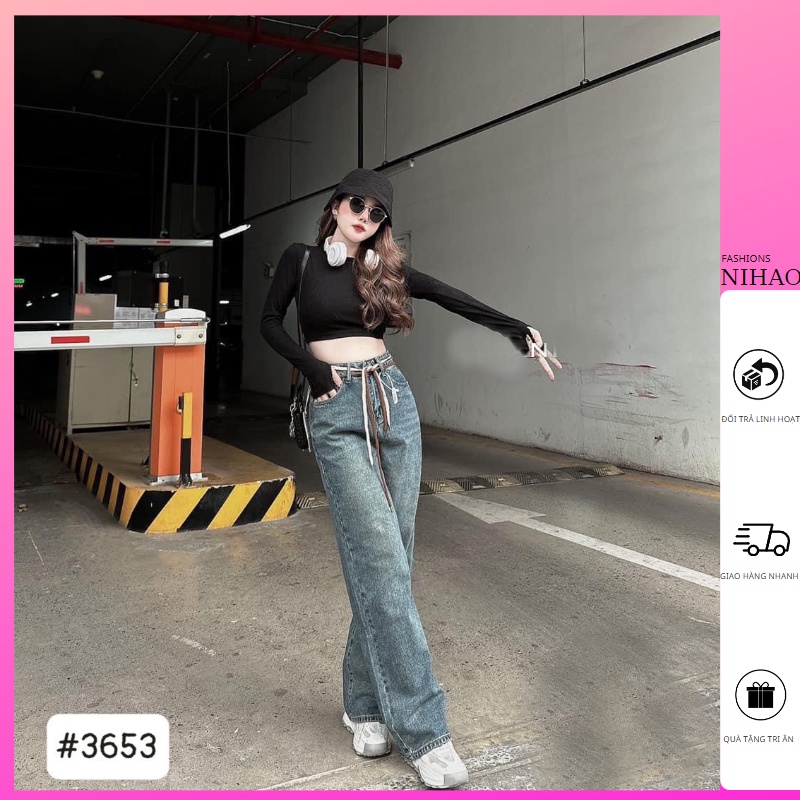 Quần Jeans Nữ Nihao Lưng Cao Ống Rộng Chất Jean Cao Cấp Không Giãn Mẫu Dây Rút Eo Độc Lạ Thời Trang 3653