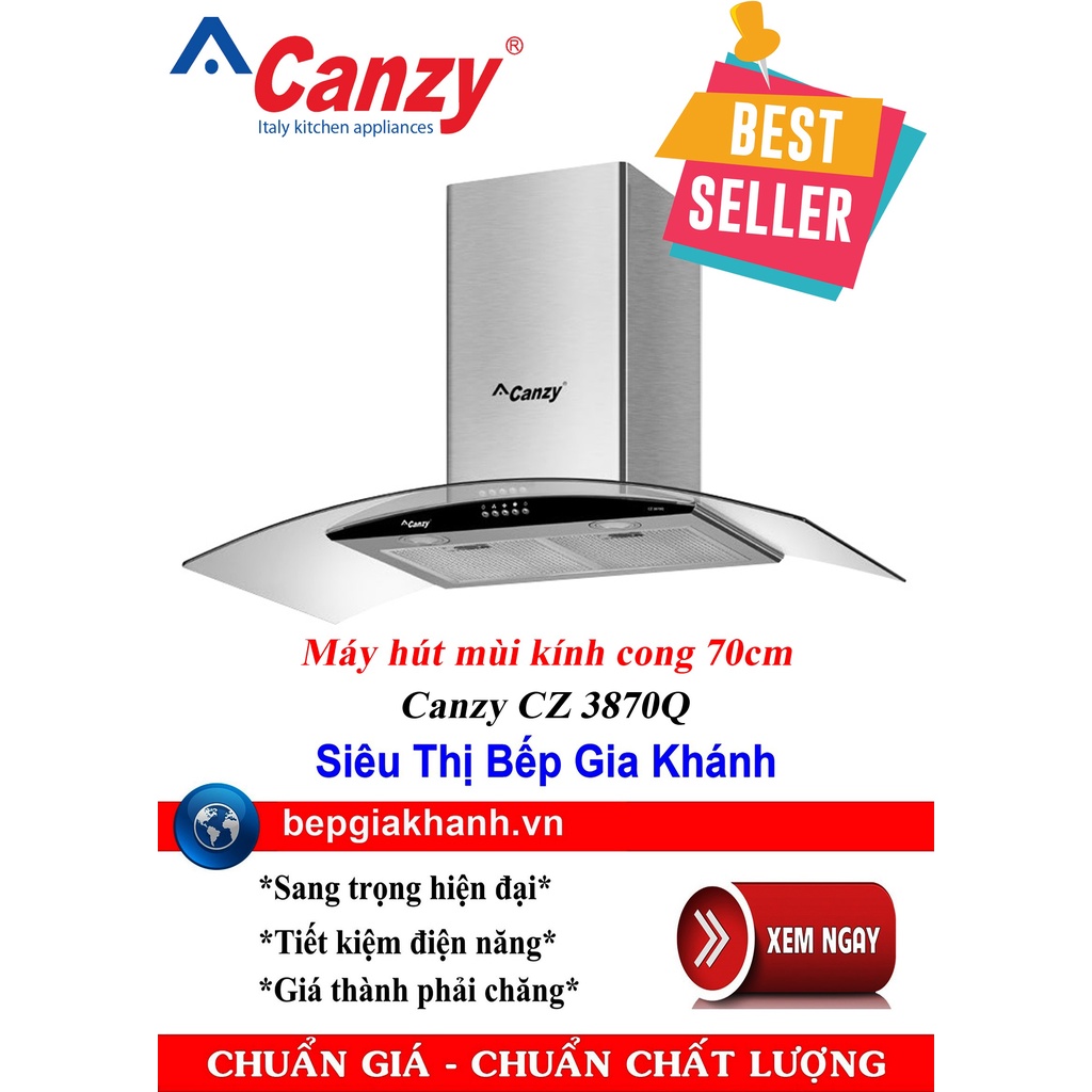 Máy hút mùi Canzy CZ 3870Q - Kính cong 70cm, màu Xám Bạc