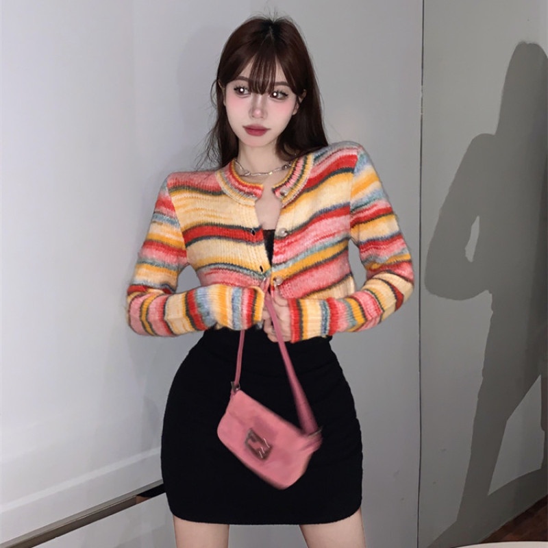 Đầm Dệt Kim Ôm Dáng Họa Tiết Kẻ Sọc Cầu Vồng Thời Trang Thu Đông Gợi Cảm Dễ Phối Đồ