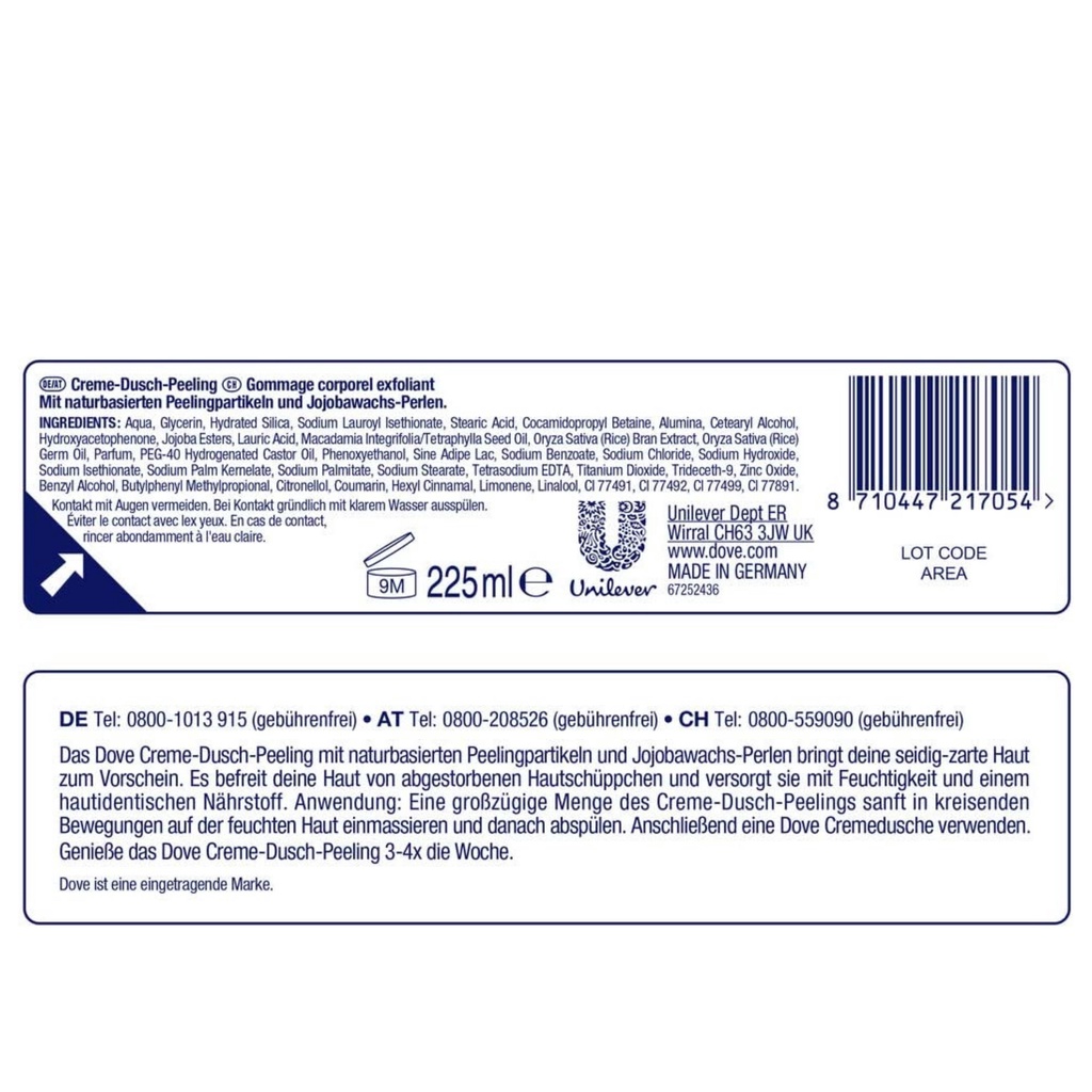 Kem tắm Dove tẩy tế bào chết toàn thân giúp sáng da bản Đức 225ml