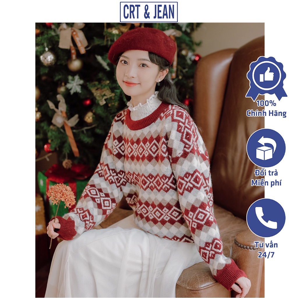 Áo len boho nữ CRT&JEAN len thổ cẩm đỏ form rộng cổ tròn chất đẹp - AL08