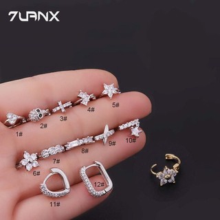 Khuyên tai 7UANX nút xoắn 8mm bằng đồng đính đá zircon hình hoa tình yêu