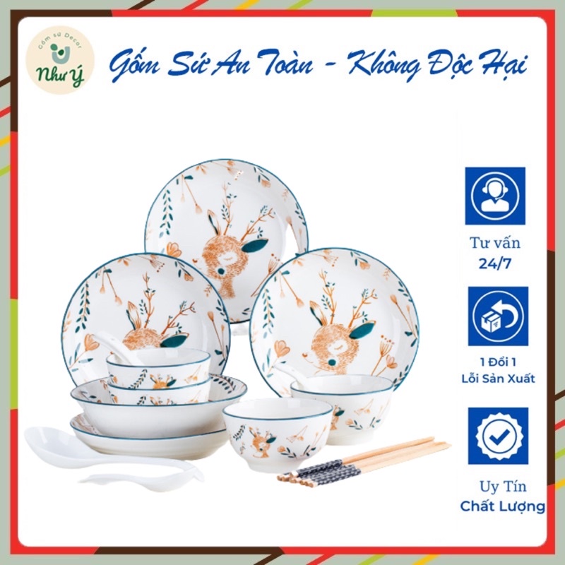 Bộ Bát Đĩa Sứ 18 món, Bát Đĩa Decor, Chén ăn cơm kèm đũa, muỗng họa tiết hình con hươu gốm sứ tráng men