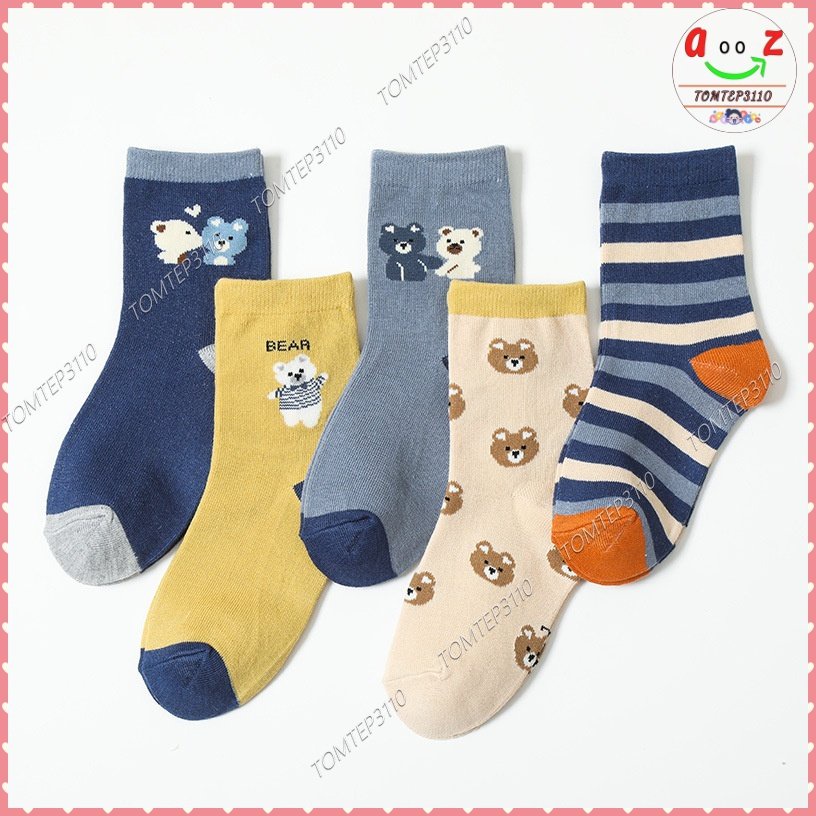 Sét 5 Đôi Tất Cao Cổ Gấu Kẻ Xanh Cho Bé 1-12 Tuổi