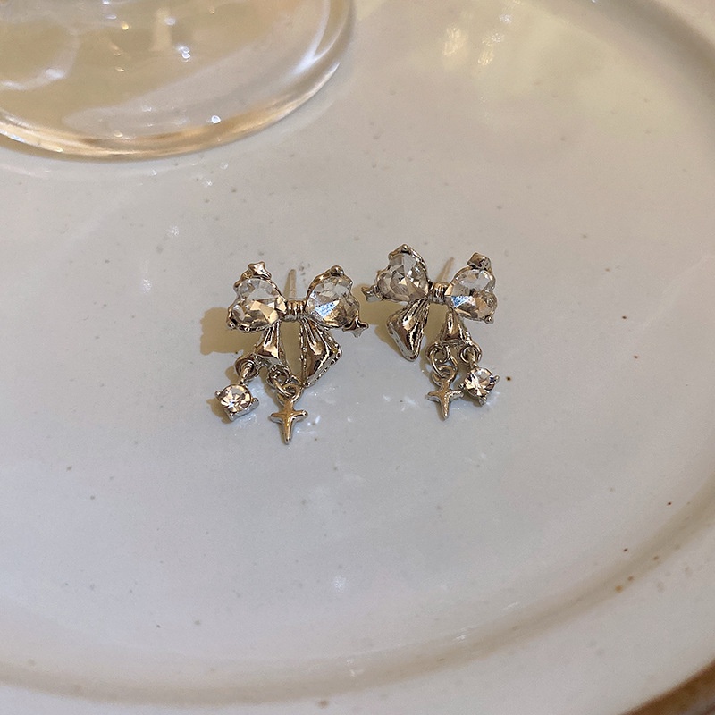 Bông Tai Mạ Bạc Hình Nơ Đính Kim Cương Giả Phong Cách Nhật Hàn