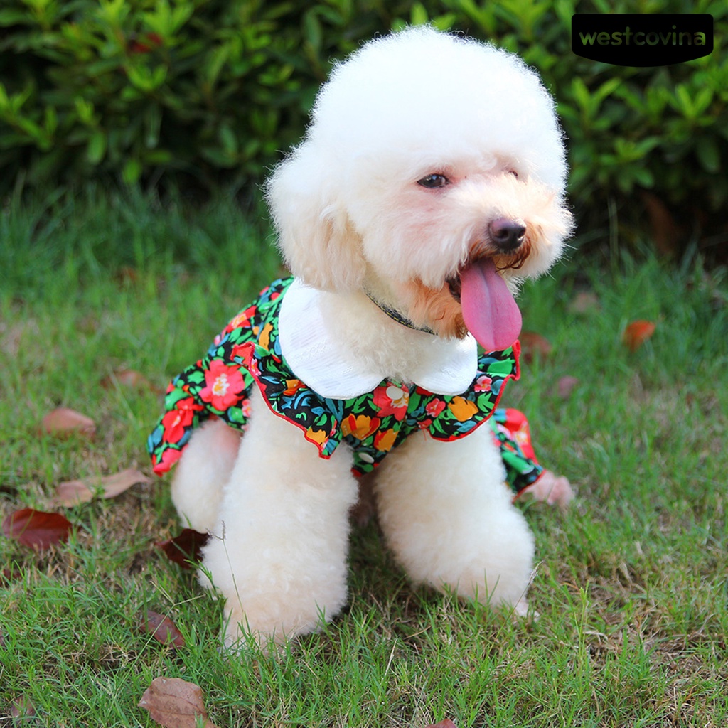 [COD]♘Đầm Tay Ngắn Cổ Búp Bê In Hoa Thoáng Khí Thời Trang Cho Thú Cưng