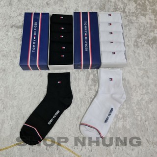 Tất thể thao nam tommy cổ trung màu đen trắng hộp 5 đôi vớ cổ lửng nam