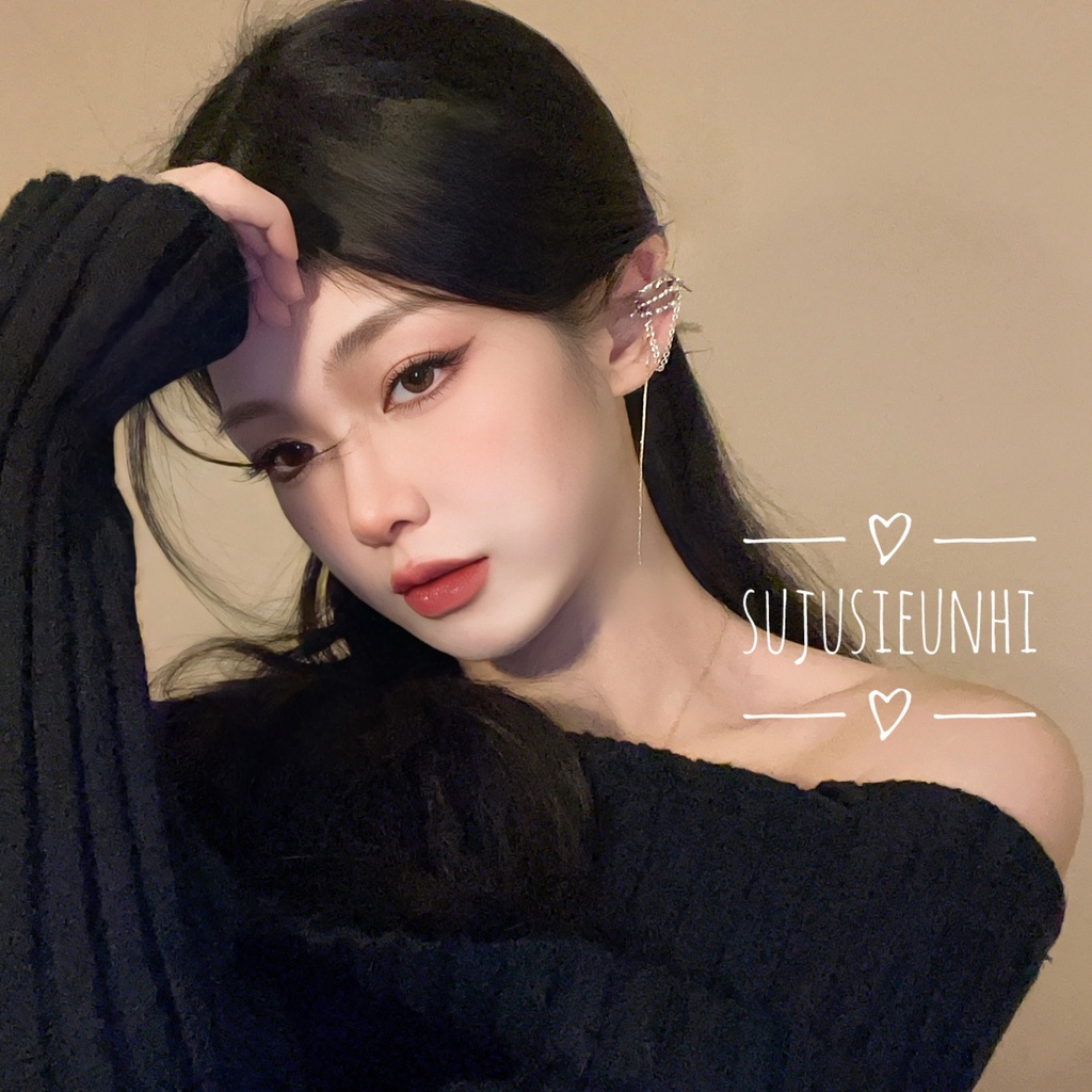 CÓ VIDEO (KHÔNG XỎ) Khuyên tai 3 lớp kẹp vành đính ngọc nhân tạo tua rua thả dài đeo 1 bên duyên dáng