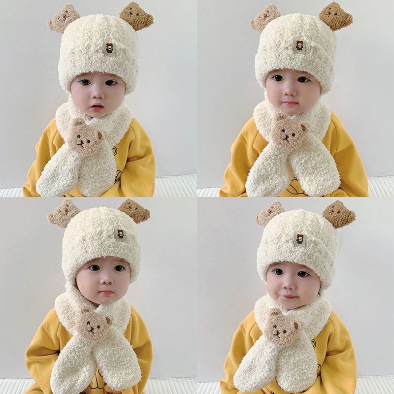 Mũ Len Kèm Khăn Choàng Cổ Giữ Ấm Tai Hình Gấu Đáng Yêu Thời Trang Mùa Thu Đông Dành Cho Bé