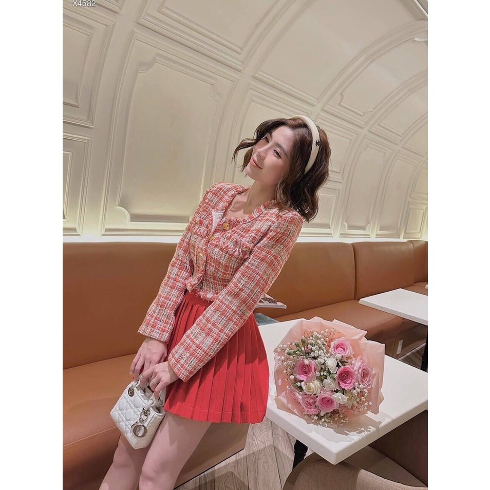 Set áo dạ tay dài phối chân váy xếp ly 2 màu Xanh Đỏ Venus Closet - BT245