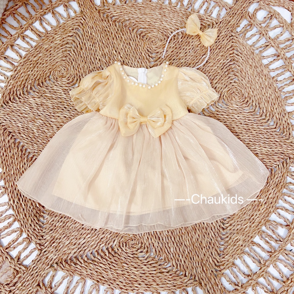 Váy cho bé gái, váy tơ xước màu kem cổ ngọc tặng bờm xinh cho bé