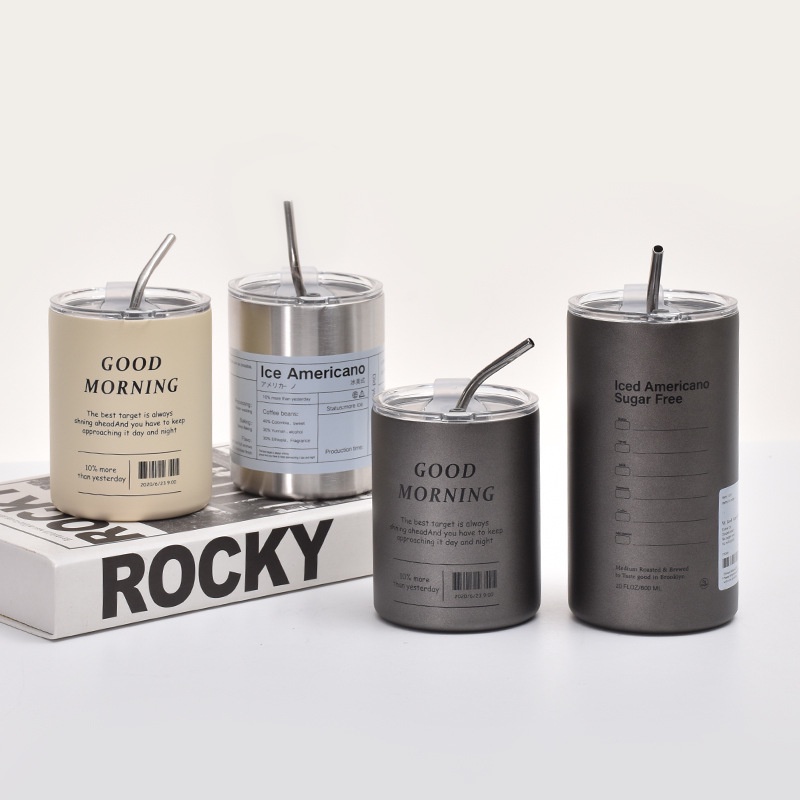 Ly giữ nhiệt Inox 304 không gỉ Iced Americano 2 dung tích, màu xám bạc. Bình giữ nhiệt mùa đông hè có ống hút inox