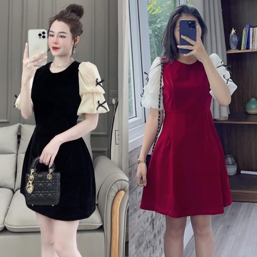 Váy nhung tiểu thư tay bồng phối nơ dáng xòe xinh xắn nhẹ nhàng PANOSI - V180