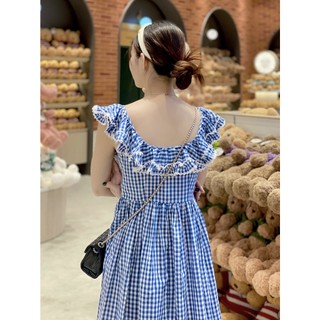 𝐉𝐨𝐥𝐢𝐞 𝐃𝐫𝐞𝐬𝐬 - Đầm midi caro xanh cổ bèo
