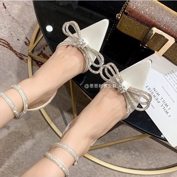 Giày Sandal TLC52 Mũi Nhọn Gót Nhọn Cao 8P Đính Nơ Đá Xinh Xắn Dành Cho Nữ