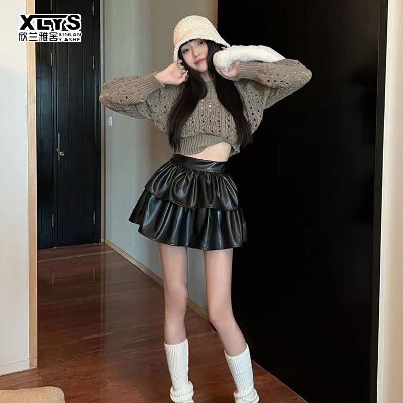 Chân váy XINLANYASHE da dáng chữ A lưng cao màu trơn gợi cảm cho nữ