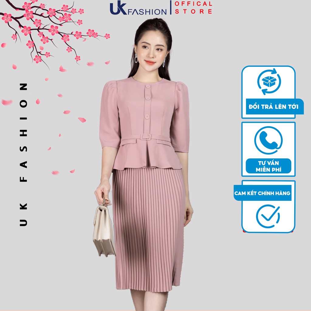Set Đồ Công Sở Nữ UK Fashion Thiết Kế Áo Cổ Tròn Tay Lỡ Kết Hợp Chân Váy Xếp Ly Vải Hàn Cao Cấp NKBD2206003