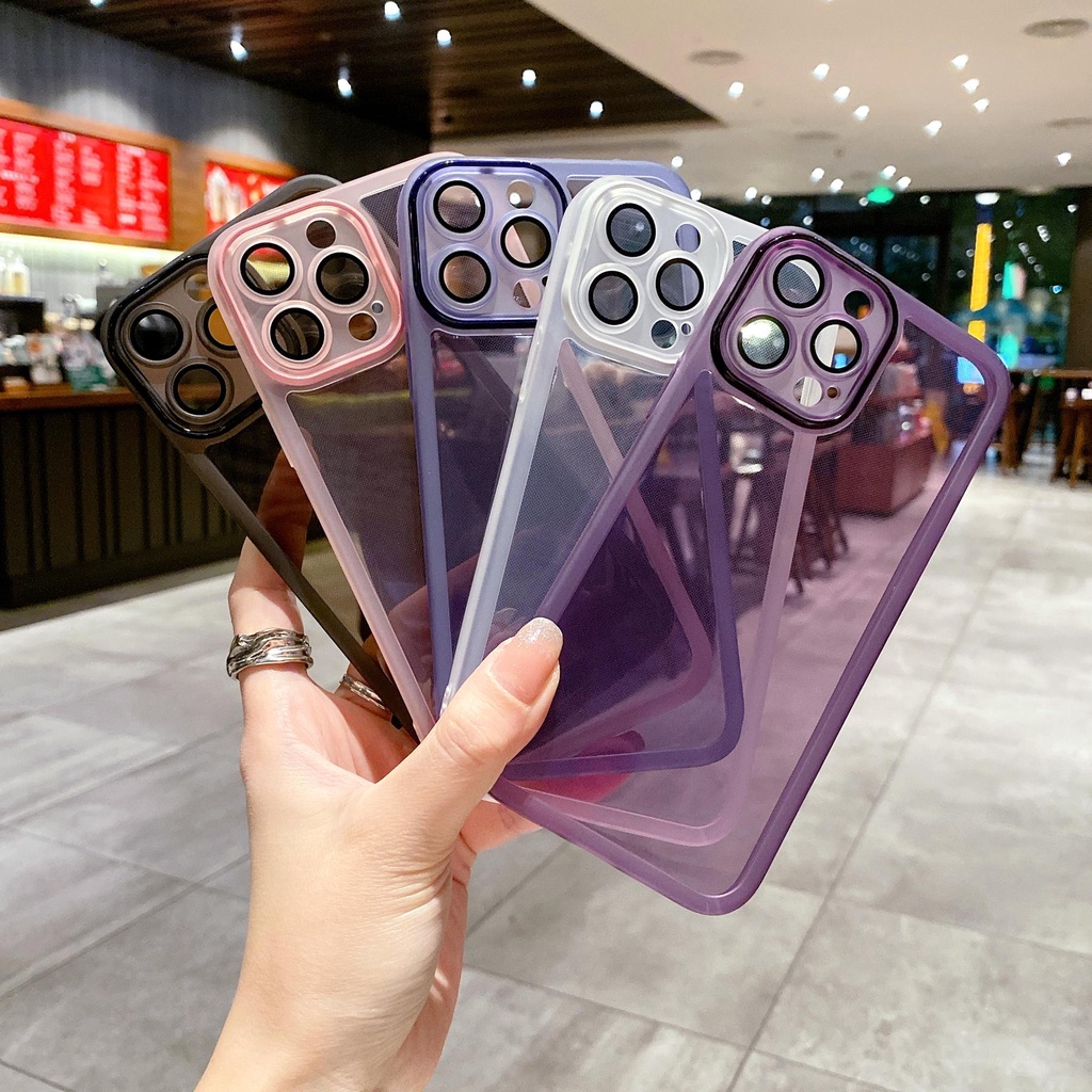 Ốp Điện Thoại PC Silicone Mềm Trong Suốt Màu Sắc Đơn Giản Bảo Vệ Ống Kính Máy Ảnh Cho iPhone 14 13 12 11 Pro Max 14Plus