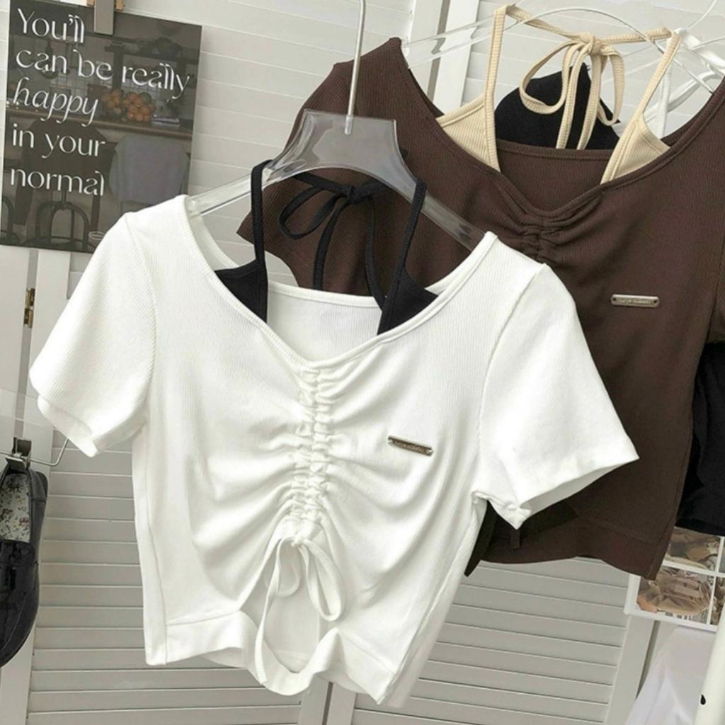 Áo croptop rút dây trước ngực cổ giả yếm GenY, áo kiểu nữ ôm body khoét eo cực quyến rũ có bigsize -C13-