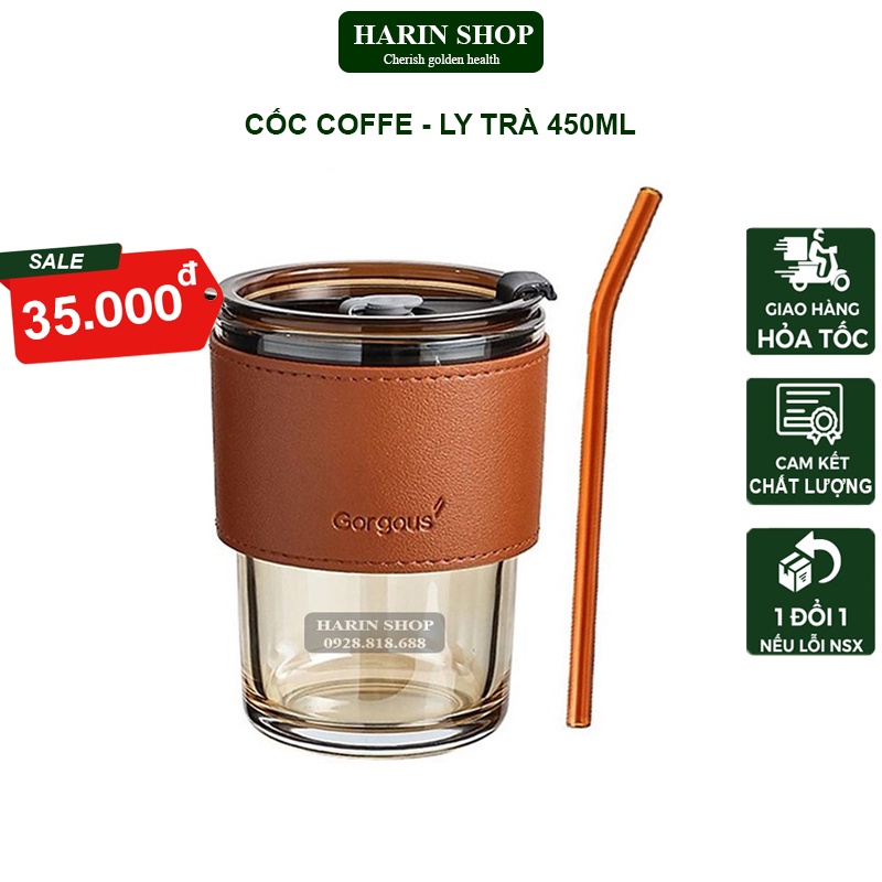 Cốc Thủy Tinh - Ly Coffe, Ly Trà Màu Hổ Phách Bọc Da Chịu Nhiệt Có Nắp Và Tặng Kèm Ống Hút Tiện Lợi 450ml