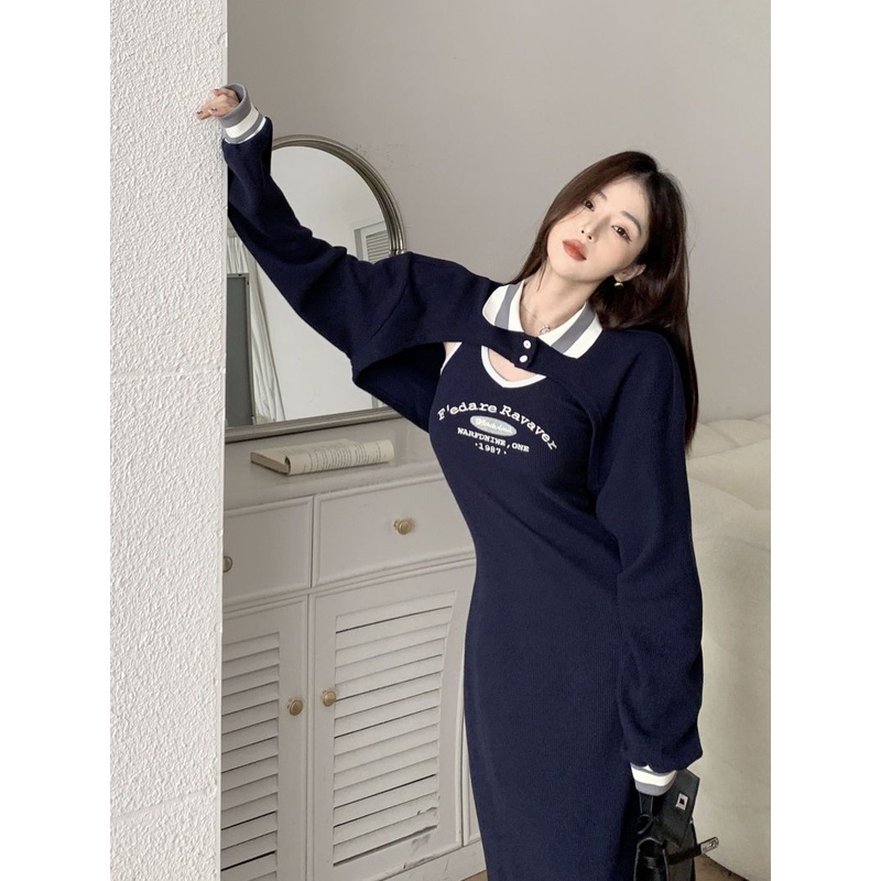 Đầm Nữ Dài Tay Cổ Bẻ Form Rộng Thời Trang Hàn