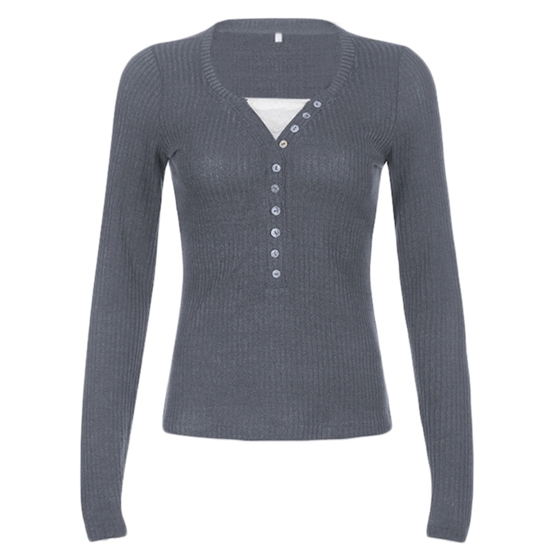 Áo Croptop Dệt Kim Tay Dài Cổ Chữ V Phối Ren Và Nút Thời Trang Cho Nữ