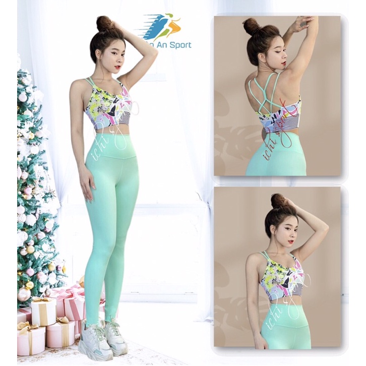 Đồ tập yoga, gym, aerobic, set yoga hoạ tiết, áo bra hoạ tiết xinh xắn, bra dây đan