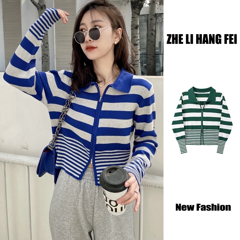 Áo khoác cardigan ZHELIHANGFEI dệt kim cổ bẻ dáng ôm hoạ tiết kẻ sọc hợp thời trang